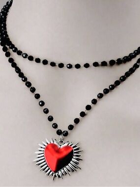 Bursting Sacred Heart~ of Jesus Immaculate Mary Catholic Ruby Red Steel Necklace